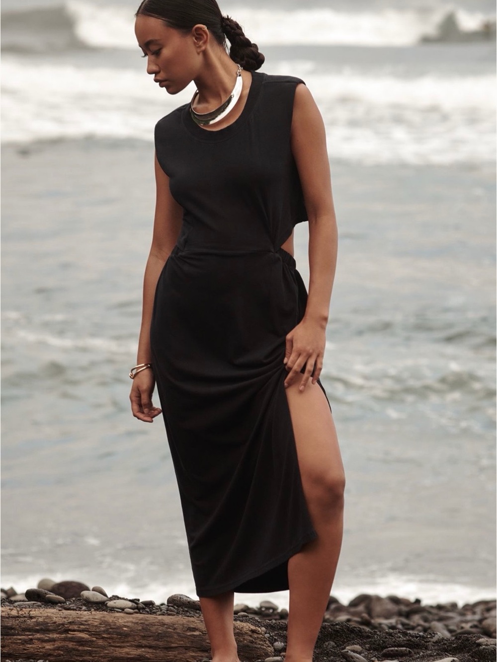Anthropologie Black Elastic-Waist Midi Dress